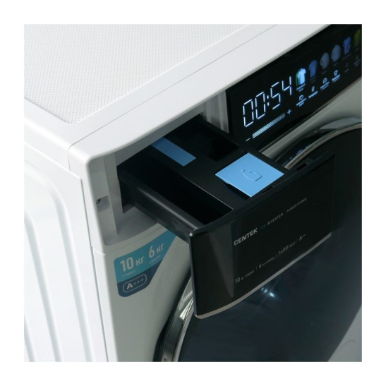 Стиральная машина Centek CT-1975 (10/6 кг, 1400 оборотов, с функцией сушки, пара, 52 см, прямой привод, цветной сенсор, A+++) белый