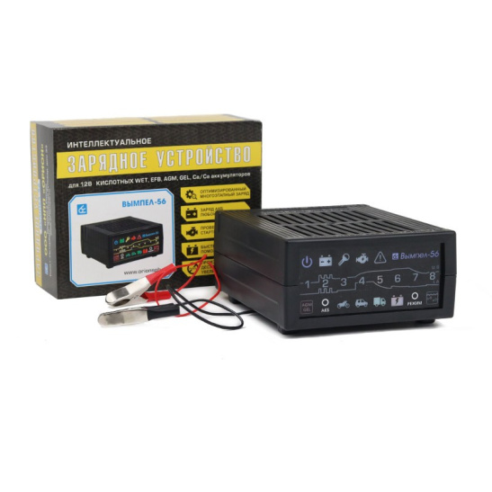 Устройство зарядное (12 В., 8-200 А/ч) восстановление/десульфатация , автомат., предпусковое, интеллектуальное, режим хранения ("Вымпел-56") (НПП "ОРИОН") типы АКБ: AGM, EFB, GEL, WET Ag (серебряные), Сa/Ca (кальциевые)