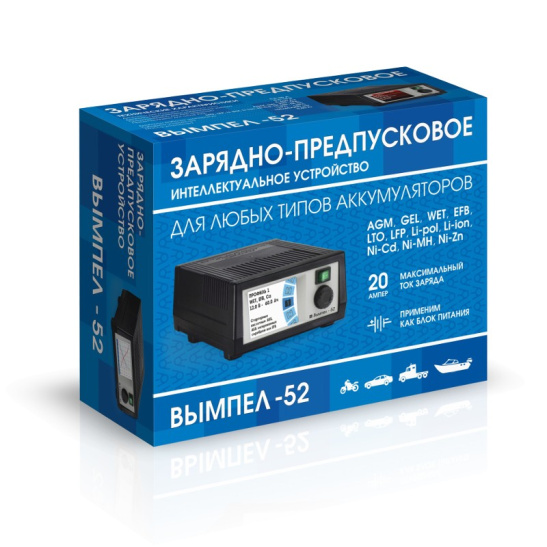 Устройство зарядное (6/12 В., 0,5-200 А/ч) автомат./ручн., ЖК, предпусковое, интеллектуальное, прошивка, блок питания ("Вымпел-52") (НПП "ОРИОН") типы АКБ: AGM, EFB, GEL, Li-ion, Li-pol, Ni-Cd, Ni-MH, WET, щелочные