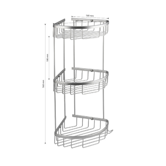 Полка угловая овальная 3-х ярусная, алюминиевая, сатин, 75062, Санакс