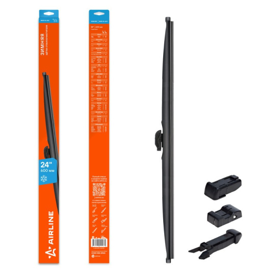 Щетка (600 мм., 24") стеклоочистителя ЗИМНЯЯ, в чехле (AWB-W-600) + переходники/адаптеры ("AIRLINE") каркасная