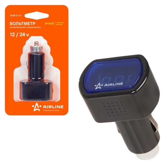 Вольтметр автомобильный цифровой (12/24 В.) в прикуриватель, индикатор напряжения ("AVM-D-01") ("AIRLINE") 