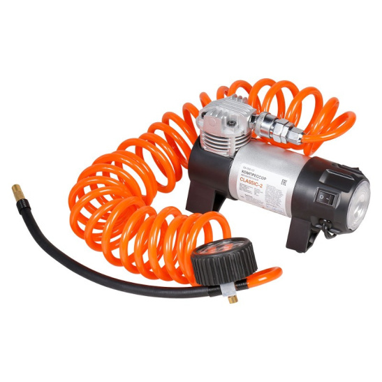 Автокомпрессор (30 л/мин, до 7 атм.) пит.прикуриватель, фонарь, спиральный шланг ("CLASSIC-2") ("AIRLINE") металл. (насос шинный электрический 12В) CA-030-02