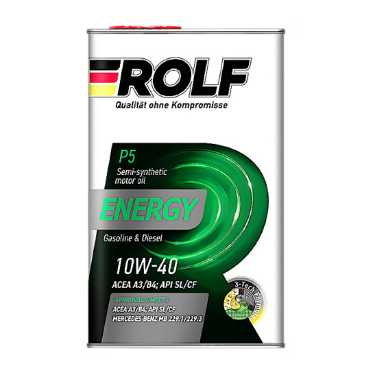 Масло моторное ROLF Energy, (А3/В4), SAE 10W40, 4 л, API SL/CF, полусинтетическое, (метал. канистра)