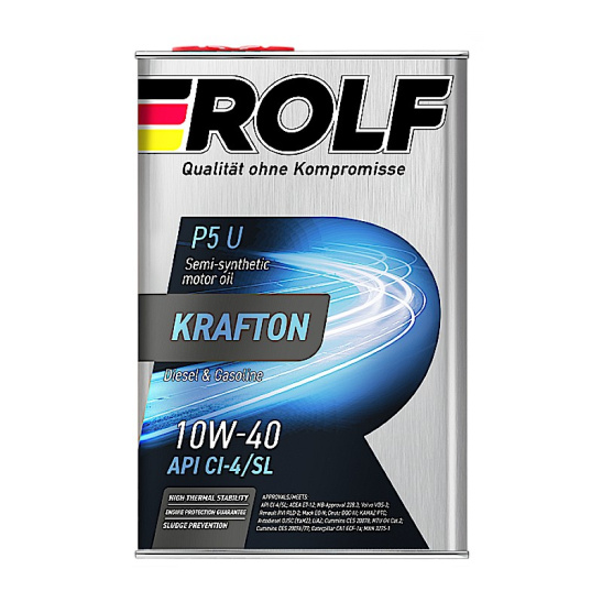 Масло моторное ROLF KRAFTON P5 U, (ACEA E7), SAE 10W40, 4 л, API CI-4, полусинтетическое, (двиг. турбодизельный), (метал. канистра)