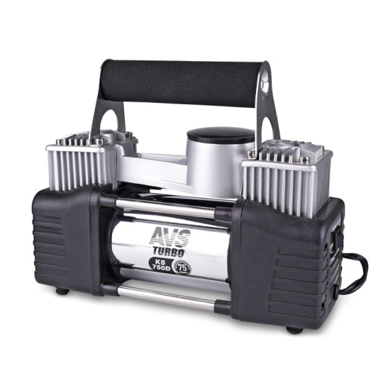 Автокомпрессор (75 л/мин, до 10 атм.) 2-х поршневой, пит.крокодилы, спиральный шланг, сумка, насадки ("KS750D Turbo") ("AVS") металл. (насос шинный электрический 12В) 80505