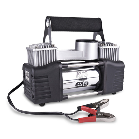 Автокомпрессор (75 л/мин, до 10 атм.) 2-х поршневой, пит.крокодилы, спиральный шланг, сумка, насадки ("KS750D Turbo") ("AVS") металл. (насос шинный электрический 12В) 80505