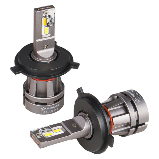 Автолампы LED Н4 (12/24В., к-т 2 шт.) (серия PLUS) светодиодные, с вентилятором и радиатором, тип оптики: Рефлектор, Линза (28Вт., 2500Лм., 3000К желтый) ("AIRLINE") (AEAR114)