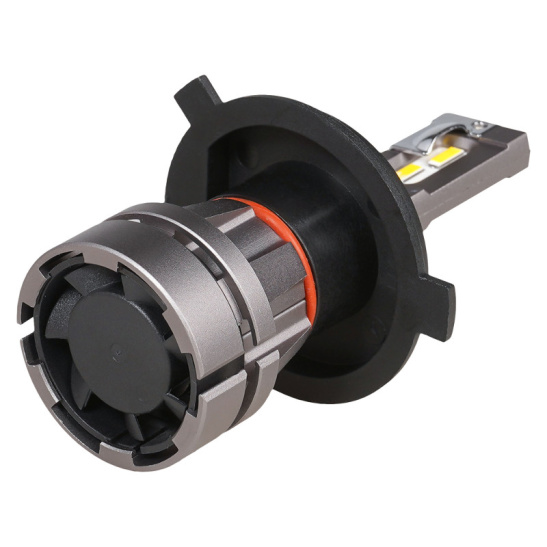 Автолампы LED Н4 (12/24В., к-т 2 шт.) (серия PLUS) светодиодные, с вентилятором и радиатором, тип оптики: Рефлектор, Линза (28Вт., 2500Лм., 3000К желтый) ("AIRLINE") (AEAR114)