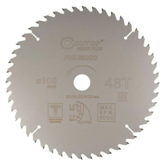 Диск пильный с тефлоновым покрытием по дереву Profi plus 300x2/3x32/30/25.4/20 мм, 48Т CUTOP 75-30048Т