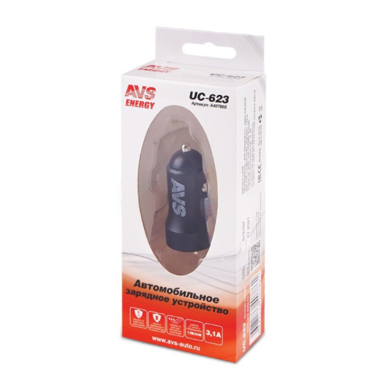 Устройство зарядное для тлф. в прикуриватель (3.1A, 12/24В.) 2 порта USB ("UC-623") ("AVS") для мобильных телефонов и устройств (A40786S)