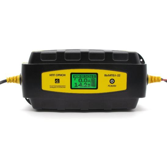Устройство зарядное (12 В., 5-200 А/ч) автомат, ЖК дисплей, десульфатация, интеллектуальное, влагозащищенное, режим хранения ("Вымпел-22") (НПП "ОРИОН") типы АКБ: AGM, EFB, GEL, Li-ion, Li-pol, Ni-Cd, Ni-MH, WET, тяговые