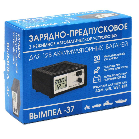 Устройство зарядное (12 В., 8-200 А/ч) ручн., ЖК дисплей, предпусковое, блок питания ("Вымпел-37") (НПП "ОРИОН") типы АКБ: AGM, GEL, WET Ag (серебряные), Sb (сурьмянистые), Сa/Ca (кальциевые), Сa/Sb (гибридные)