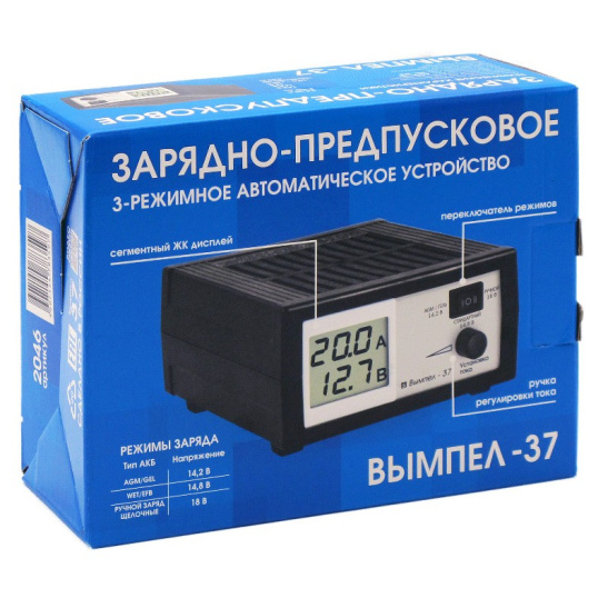 Устройство зарядное (12 В., 8-200 А/ч) ручн., ЖК дисплей, предпусковое, блок питания ("Вымпел-37") (НПП "ОРИОН") типы АКБ: AGM, GEL, WET Ag (серебряные), Sb (сурьмянистые), Сa/Ca (кальциевые), Сa/Sb (гибридные)