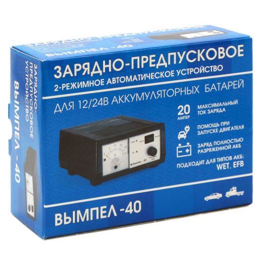 Устройство зарядное (12/24 В., 8-200 А/ч) ручн., стрелочная индикация, предпусковое, блок питания ("Вымпел-40") (НПП "ОРИОН") типа АКБ: EFB, WET Ag (серебряные), WET Сa/Ca (кальциевые)