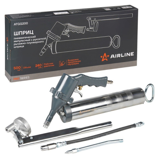 Шприц рычажно-плунжерный пневматический PRO (500 мл.) под тубу + ручное наполнение, для компрессора ("AIRLINE") ATGG200