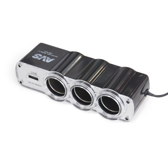 Разветвитель прикуривателя (на 3 гнезда + зарядное USB + индикатор сети) 12/24В. "AVS" ("CS314U") 43267