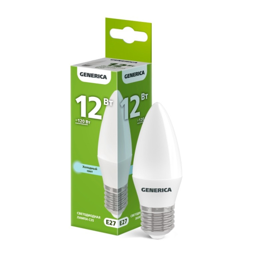 Лампа светодиодная GENERICA C35 (свеча) 12 Вт E27 6500К 1200 Лм 220в (LL-C35-12-230-65-E27-G)