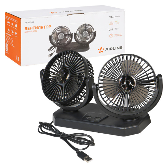 Вентилятор салонный (USB 5В, 2x13 см.) универсальный, двойной поворотный 360°, раздельная регулировка, скотч, в USB ("AIRLINE") (AEAE005)