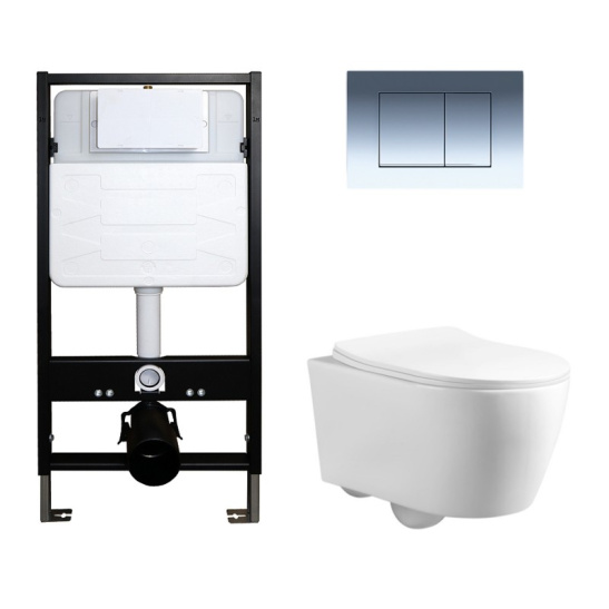 Сет Azario FORTE инсталляция + Azario UNO подвесной безободковый унитаз с сиденьем микролифт + кнопка Azario FORTE квадратная, пластик, хром глянцевый (AZ-100-100F+AZ-2380+AZ-100-020F)