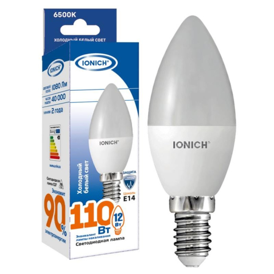Лампа светодиодная IONICH C37 (свеча) 12 Вт E14 6500К 1080 Лм матовая 220в (1635)