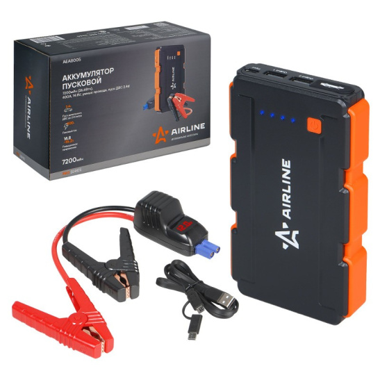 Устройство пусковое - аккумулятор внешний (Booster) 7200мАч, 400А, 14.8V, умные провода, пуск ДВС до 3.5bz и до 2.4d, USB 5V/2.1A ("AEAB005") ("AIRLINE") Power bank