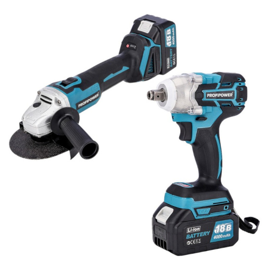 НАБОР аккумуляторного бесщеточного инструмента ProfiPower (Гайковерт ударный E0081 + УШМ E0080  - 2АКБ 4А.ч/Заряд.устр,кейс) E0092