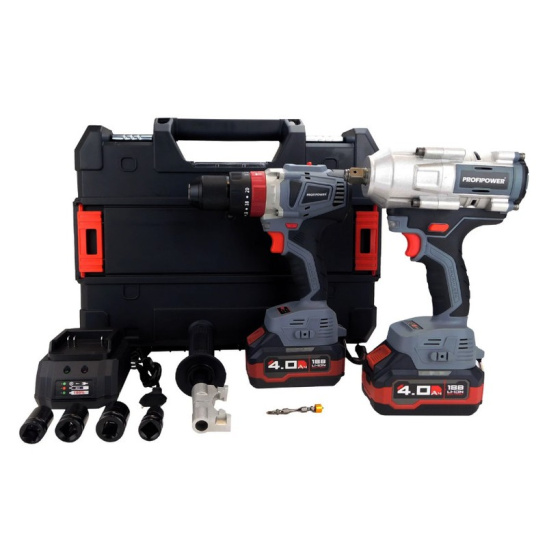НАБОР аккумуляторного бесщеточного инструмента ProfiPower (Гайковерт ударный Т-900N+Шуруповерт ударный 80Н/м - 2АКБ 4А.ч/Заряд.устр,кейс+оснастка) E0221