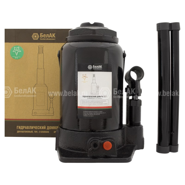 Домкрат бутылочный (32,0 тн., 235-550 мм.) ДВУХШТОКОВЫЙ телескопический гидравлический 2-х плунжерный, два клапана ("БелАвтоКомплект") БАК.20050