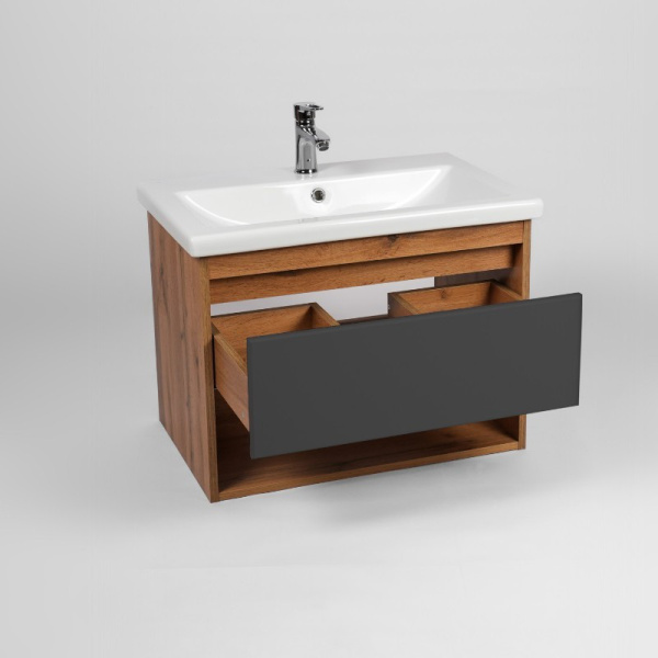 Комплект "Бостон 80 подвесная (арт. VBOS80COG-T1YP)" (тумба+умывальник COMO 60) 820x560x430 мм, пленка ПВХ, графит