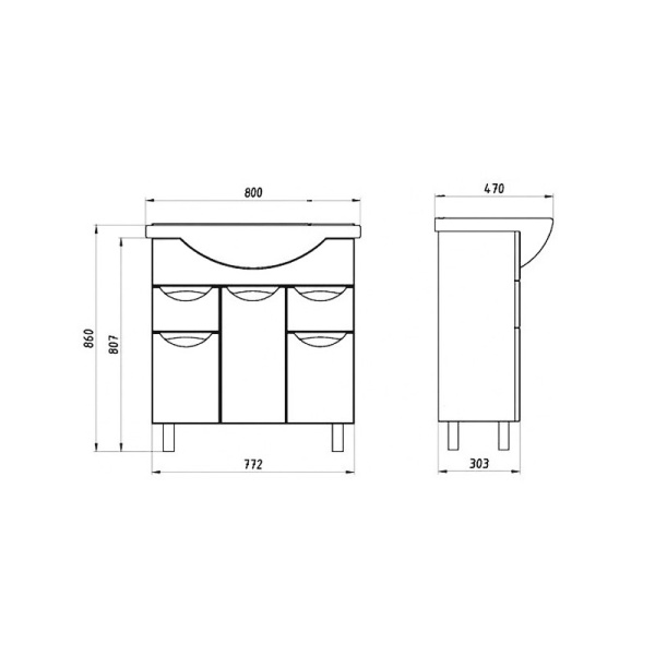 Комплект "Виктория 80/2 (арт. 10061)" (тумба+умывальник Балтика 80) с ящиком 860x815x470 мм, пленка ПВХ, бежевый