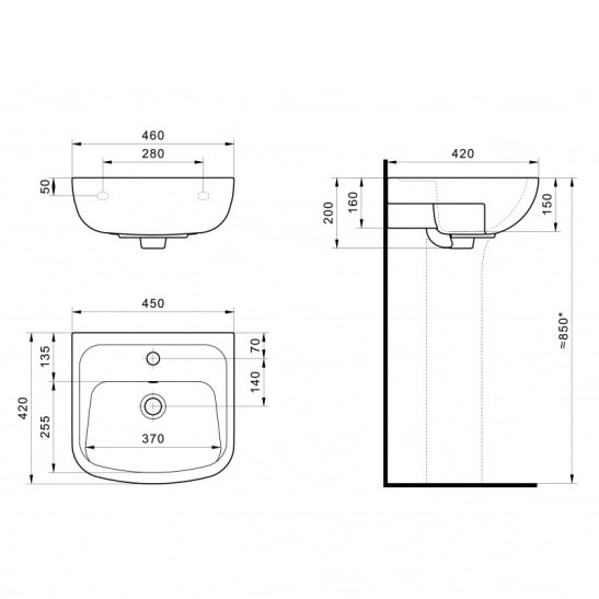 Раковина Лонги 45, с отверстием, с пьедесталом Анимо, 450x420 мм, г. Чебоксары
