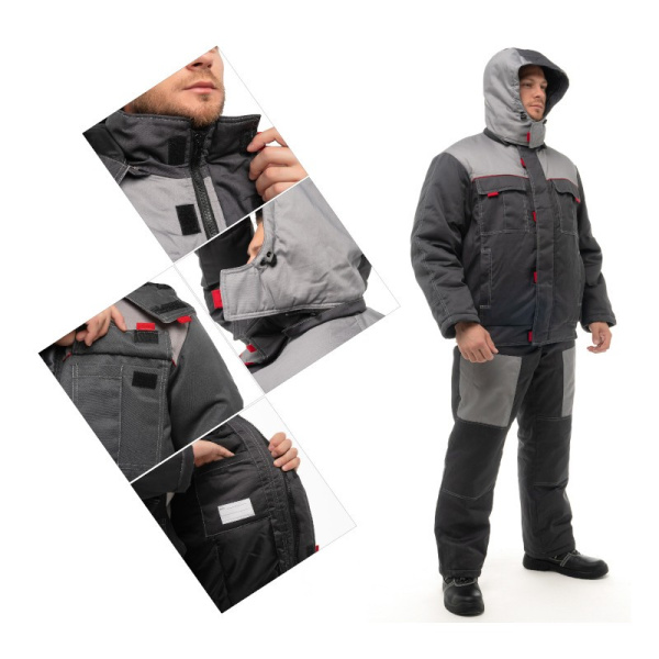 Костюм утепленный мужской "Фаворит-2", р. 48-50 (96-100) рост 5/6 (182-188), (куртка/полукомбинезон), темно-серый со св.серым и красным