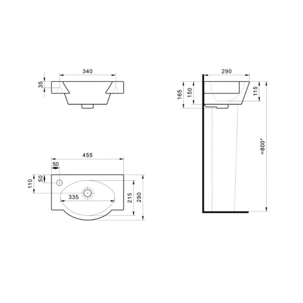 Раковина Форум 45 левая, с отверстием, без пьедестала, 455x290 мм, г. Чебоксары