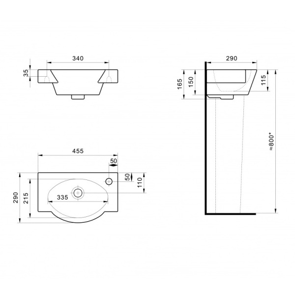 Раковина Форум 45 правая, с отверстием, без пьедестала, 455x290 мм, г. Чебоксары