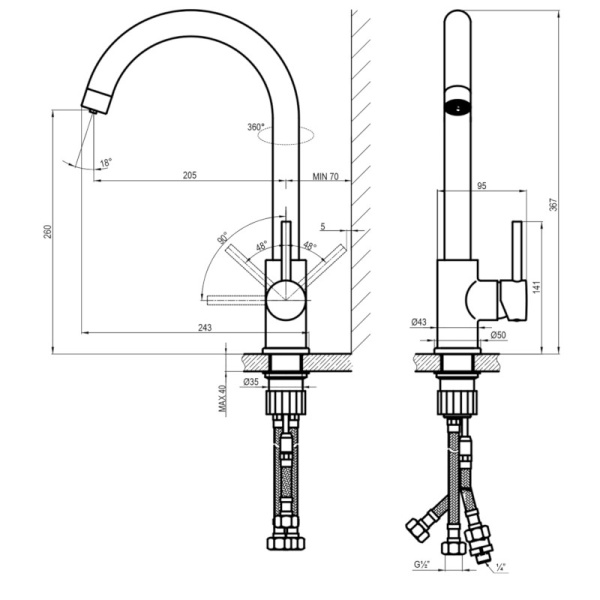 Смеситель для мойки латунный однорычажный с высоким изливом, Z35-36 , с краном для питевой воды, Rossinka