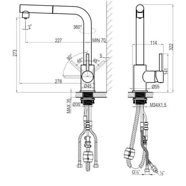 Смеситель для мойки латунный однорычажный с высоким изливом, Z35-37 , с краном для питевой воды, Rossinka