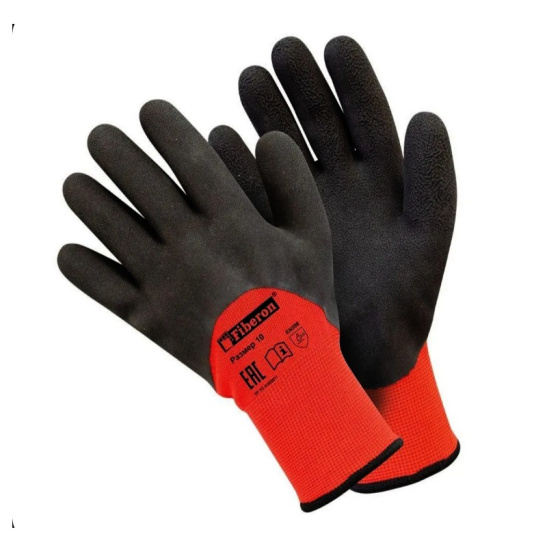 Перчатки "Ледоруб ПРО: двойное утепление», акрил с полиэстером, латексное покрытие, в и/у, р.10(XL), цв.красный/черный FIBERON