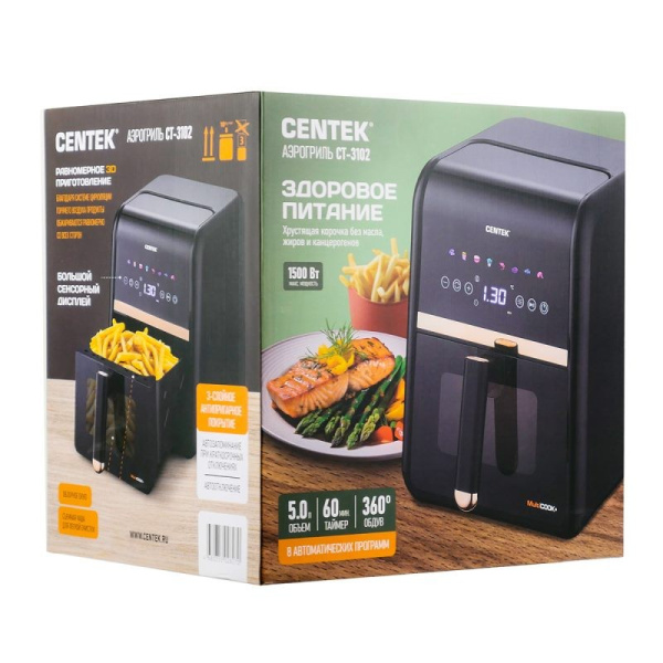 Аэрогриль CENTEK CT-3102, 5,0 л, 1500 Вт, сенсорное управление, 360 обдув,, таймер 60 мин