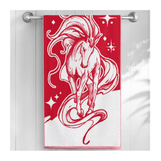 Полотенце махровое Волшебная ночь "Лошадь-талисман" 70*140см цв.красный/белый
