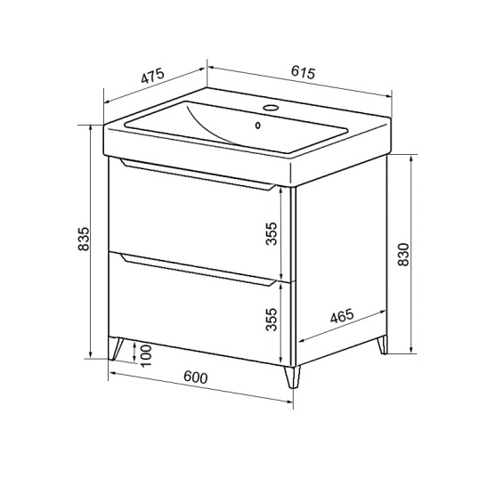 Комплект "LOTOS 60/2 напольная (арт. CS00081983)" (тумба+умывальник Monte 60 AZ-836-60) 835x615x475 мм, эмаль, белый