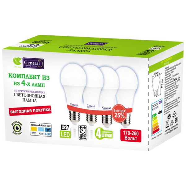 Лампа светодиодная General A60 (груша) 20 Вт E27 6500К 1600 Лм матовая 220в (662365) (УПАКОВКА-4 ШТ)