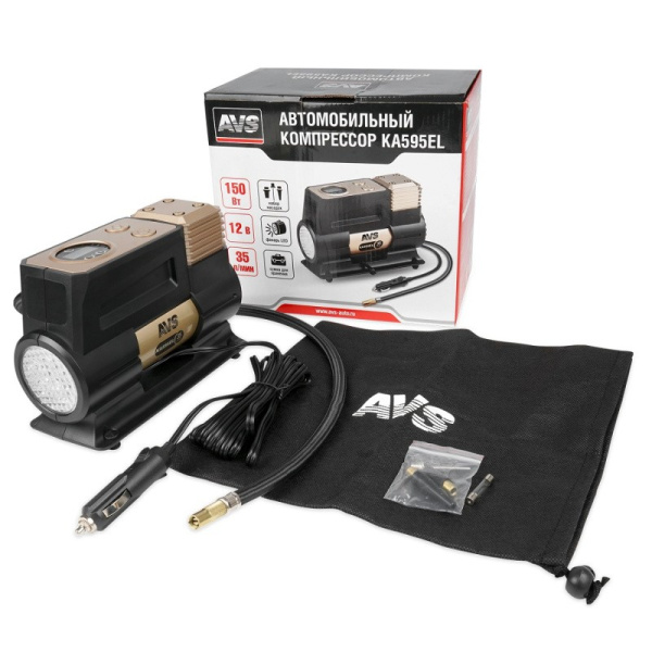 Автокомпрессор (35 л/мин, до 10 атм.) пит. прикуриватель, ОГРАНИЧИТЕЛЬ ДАВЛЕНИЯ, элект.дисплей, фонарь ("КА595EL") ("AVS") металл. (насос шинный электрический 12В) A85496S