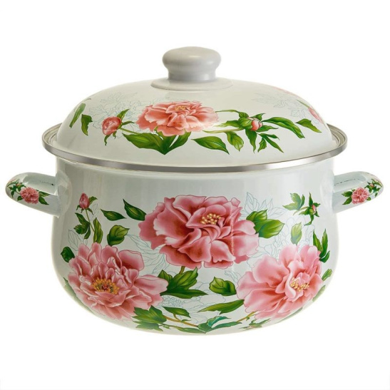 Кастрюля 5,0 л, 24 см эмалированная с эмалированной крышкой MetaLLoni EM-1512 "Пионы"