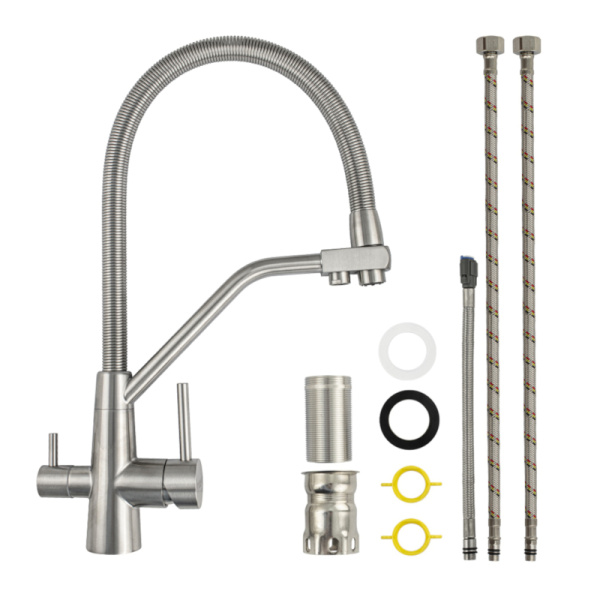 Смеситель для мойки из нержавеющей стали однорычажный с гибким изливом, 91112, MAGNUS , с краном для питевой воды, Санакс