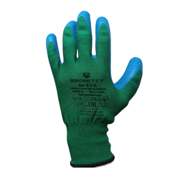 Перчатки нейлоновые, оверлок, облив с рельефным латексом, цв.зеленый Н-5-13 BRONITEX