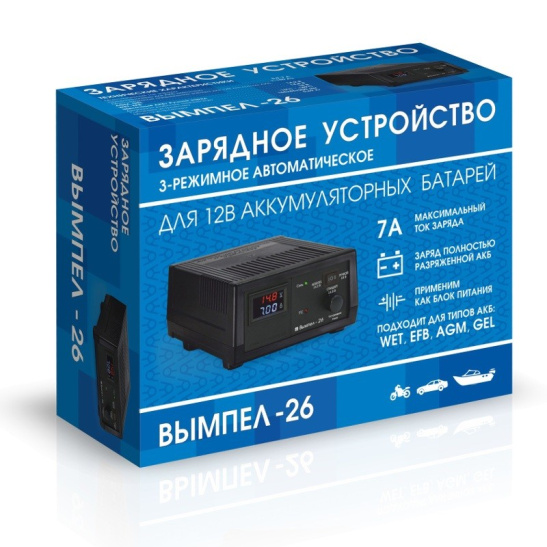 Устройство зарядное (12 В., 1-150 А/ч) ручн./автомат, LED вольтметр и амперметр, блок питания ("Вымпел-26") (НПП "ОРИОН") типы АКБ: AGM, EFB, GEL, WET Ag, WET Sb, WET Сa/Ca, WET Сa/Sb (гибридные)