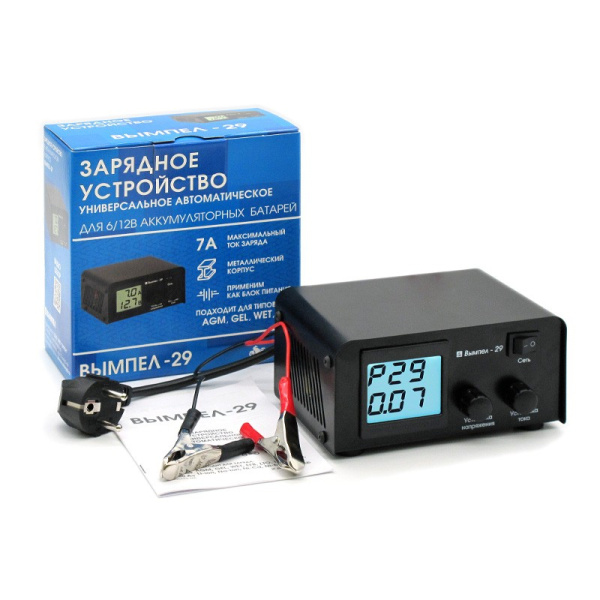 Устройство зарядное (6/12 В., 1-150 А/ч) ручн./автомат, ЖК экран, блок питания ("Вымпел-29") (НПП "ОРИОН") типы АКБ: AGM, EFB, GEL, Li-ion, Li-pol, Ni-Cd, Ni-MH, WET (PbSO4), WET Ag, WET Sb, WET Сa/Ca, WET Сa/Sb (гибридные), Щелочные