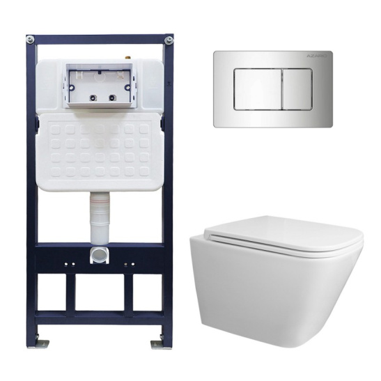 Сет AZARIO NEW-TS 1 инсталляция + унитаз Teramo (квадратный) с системой (Торнадо скрытое) сиденье микролифт + кнопка для инсталляции AZARIO NEW-TS хром глянец (квадратная) нерж. сталь (AZ-TS006T+AZ-0052-UQ3+AZ-SS-003-CH)
