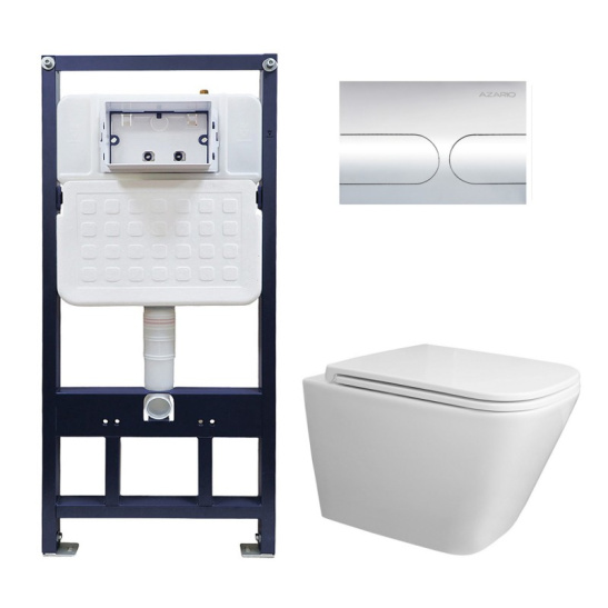 Сет AZARIO NEW-TS 1 инсталляция + унитаз Teramo (квадратный) с системой (Торнадо скрытое) сиденье микролифт + кнопка для инсталляции AZARIO NEW-TS хром глянец (овальная) нерж. сталь (AZ-TS006T+AZ-0052-UQ3+AZ-SS-001-CH)